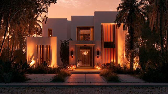 Modern minimalist house with warm lighting surrounded by tropical trees at sunset
