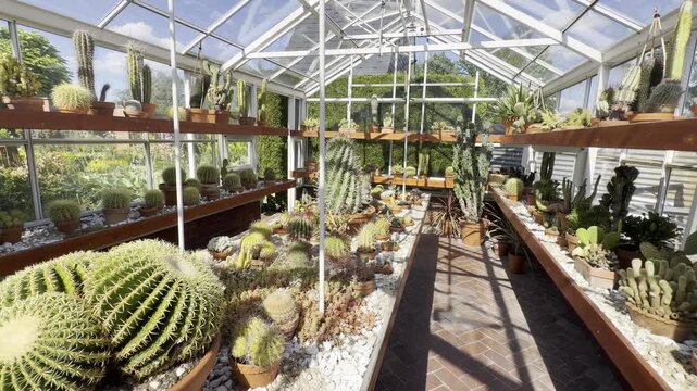 Bright greenhouse interior with rows of cactus and succulent plants on wooden shelves and a central walkway