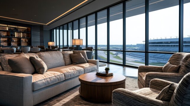 Modern luxury living room with large windows overlooking cityscape and comfortable furniture
