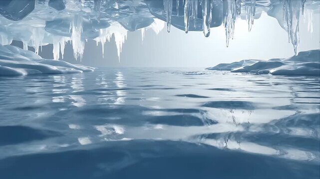 Ice cave with water reflections and icicles, winter landscape, 4K resolution, seamless loop