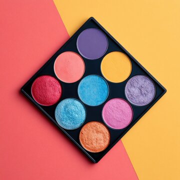 Vibrant Eyeshadow Palette with Ten Bright and Pastel Colors on Colorful Background