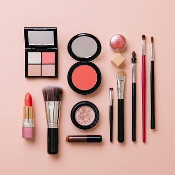 Collection of Makeup Products and Cosmetics Brushes on Light Pink Background