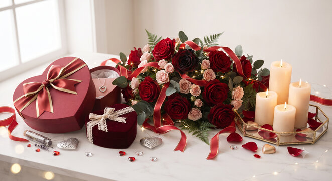 Romantic Valentine's Day composition featuring red roses heart shaped gifts ribbons candles and love decorations for seasonal celebrations