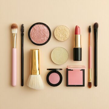 Flat Lay of Makeup Brush, Lipstick, Compact Powder, and Cosmetic Sponges on Neutral Background