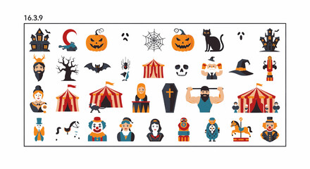 Fototapeta premium Spooky Halloween Circus and Freak Show Flat Vector Icon Collection