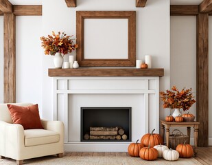 Obraz premium Autumn home interior with cozy fireplace mantle decor featuring fall pumpkins