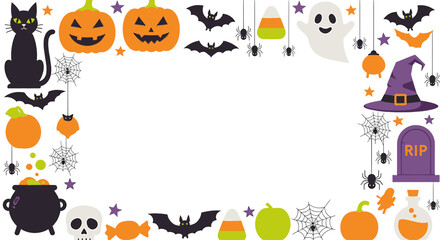 Fototapeta premium Halloween Border Frame with Spooky Icons and Characters
