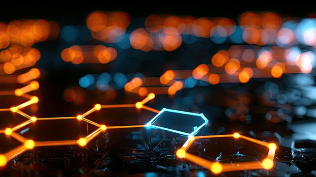 Glowing molecular structure on dark background with bokeh lights