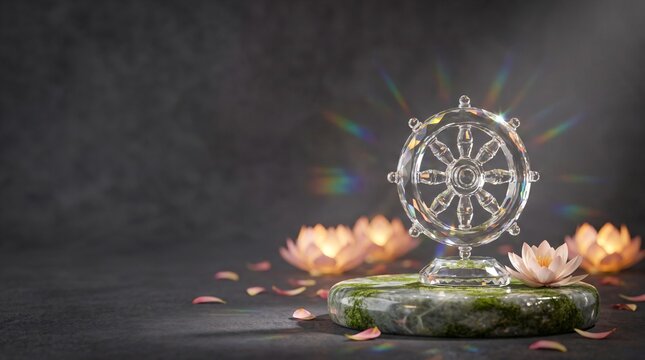 Crystal dharmachakra wheel standing on mossy stone podium surrounded by glowing lotus flowers for vesak day spiritual meditation