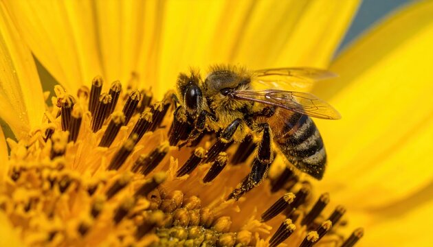 honey bee collecting pollen on sunflower