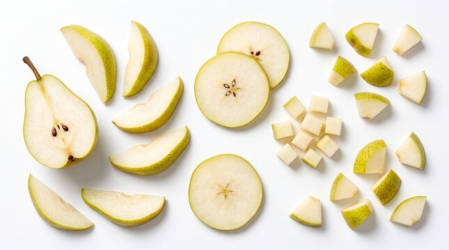 Fresh sliced green pears and cubes on a flat lay