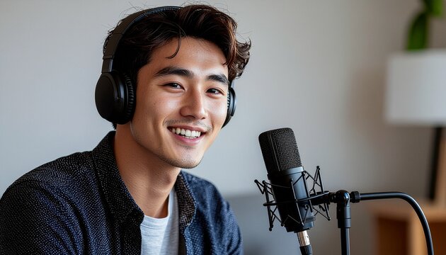 Smiling handsome male scholar wearing headphones records an academic podcast, demonstrating distance education methodology and digital communication pedagogy in a modern studio