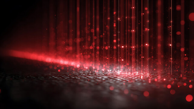 Abstract red digital light beams with glowing particles representing cybersecurity threats, artificial intelligence, big data processing, cyber attacks and advanced technology.