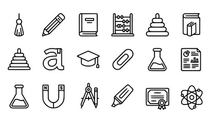 Fototapeta premium Thin Line Education and Science Vector Icon Set with Graduation Cap Book Pencil Laboratory and Learning Symbols