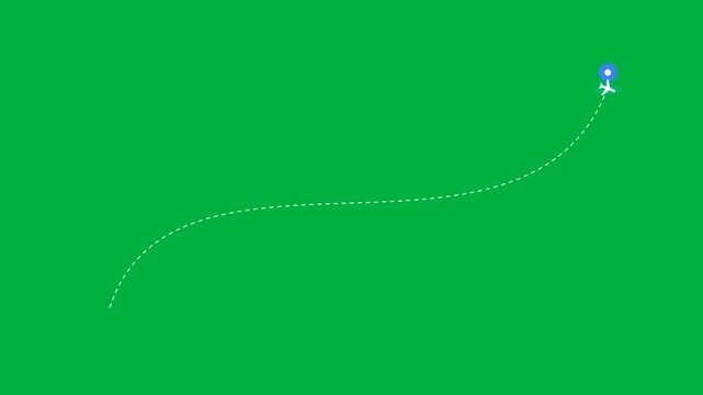 Animated airplane moving along a dotted path on a green screen, aviation route tracking, travel map