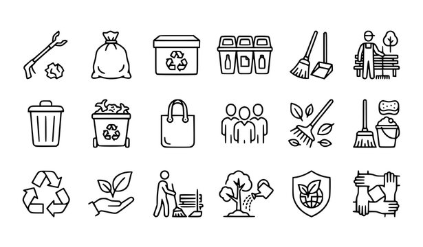 Environmental Volunteer Outline Icon Collection with Waste Sorting Recycling and Park Cleaning Vector