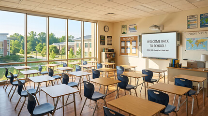 Fototapeta premium Empty Classroom Ready for Learning: An inviting classroom with rows of empty desks and chairs bathed in natural sunlight from large windows, overlooking a green landscape.