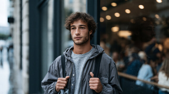 Young man standing frozen outside a glass-fronted crowded caf&eacute; on a rain-soaked street, hands gripping bag straps, reflection showing the busy interior he cannot bring himself to