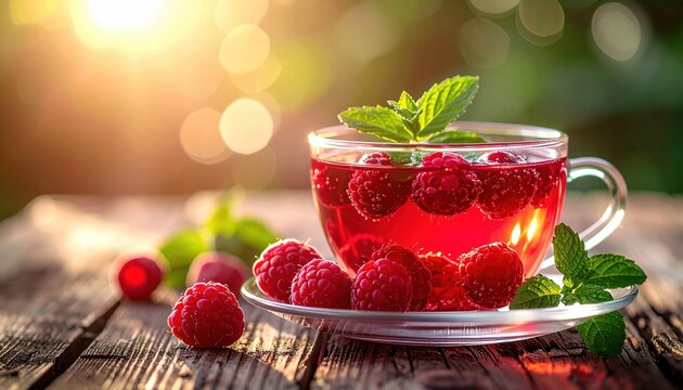 Fresh raspberry tea in transparent glass cup with ripe raspberries and mint leaves on rustic wooden table, cozy herbal drink, warm natural light