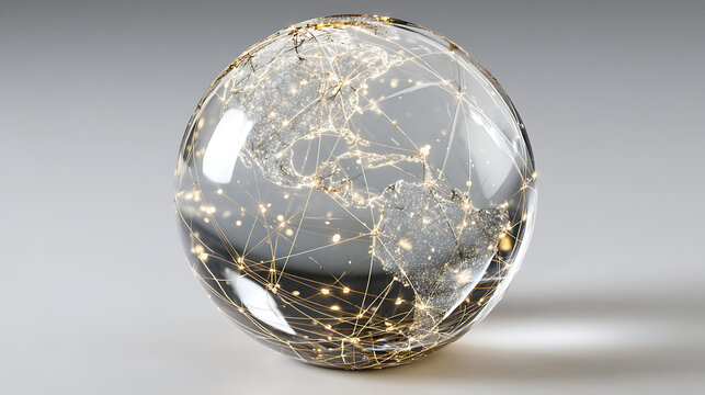 Transparent digital globe with illuminated global network connections symbolizing artificial intelligence, cloud computing, worldwide communication, cybersecurity, and data exchange