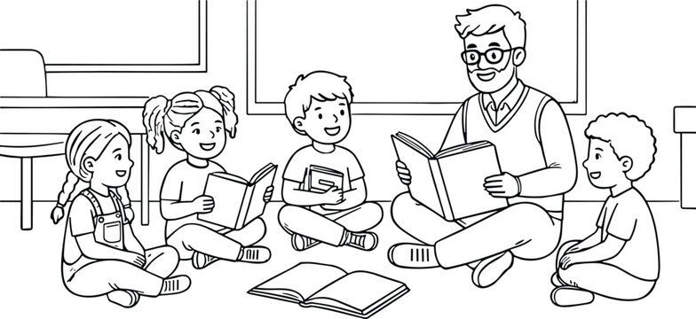 Teacher reading book to children in classroom storytime kindergarten students line art vector illustration collection.
