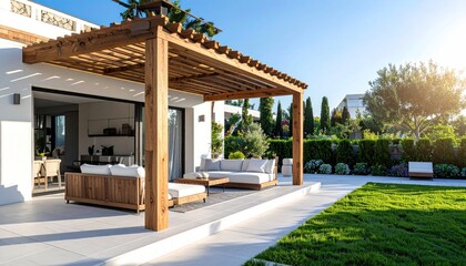 Fototapeta premium Modern outdoor patio with pergola seating area.