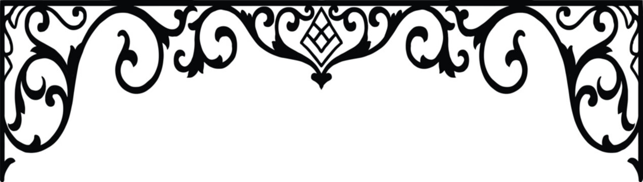 Elegant vintage ornamental border design with intricate black floral scrollwork isolated on a plain white background for decorative graphic projects