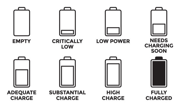 Battery charge indicator empty low power needs charging adequate substantial full.