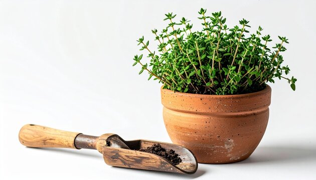 Fresh thyme in handcrafted clay pot with wooden gardening shovel beside it, minimal Scandinavian style, white background, commercial botanical photography