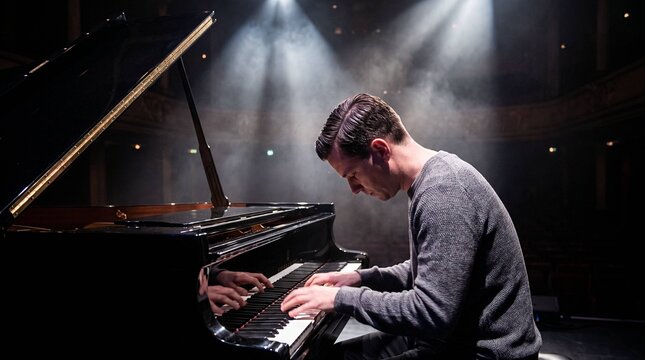 Man playing black grand piano on dimly lit stage with spotlight