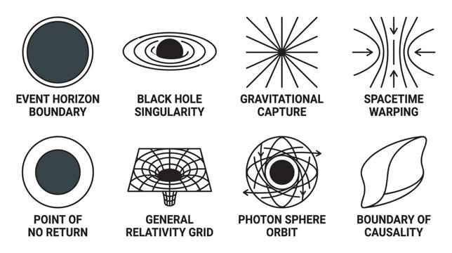 Black hole event horizon boundary spacetime warping symbols vector icons.