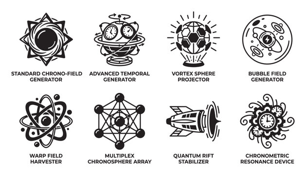 Chronosphere modulator atomic symbol abstract futuristic design technology illustration.