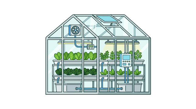 Modern vertical farming greenhouse with hydroponic systems and climate control.