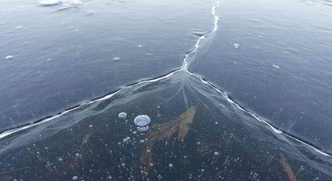 Captivating frozen surface texture showcasing intricate crystalline fracture patterns and trapped air bubbles evoking winter's ephemeral artistry and the silent beauty of natural formations.