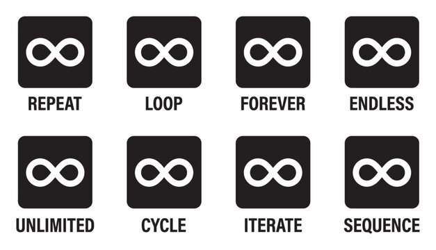 Eight diverse infinity loop icons representing repetition loop forever endless unlimited cycle.