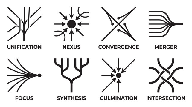 Eight abstract icons for unification nexus convergence merger focus synthesis culmination intersection.