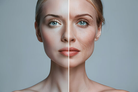 Comparison of youthful and aged features on caucasian female face showing aging effects