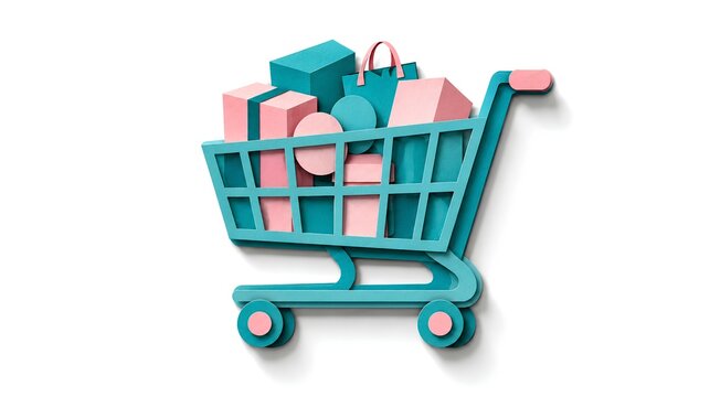Minimalist 3D papercut illustration of a shopping cart with geometric boxes