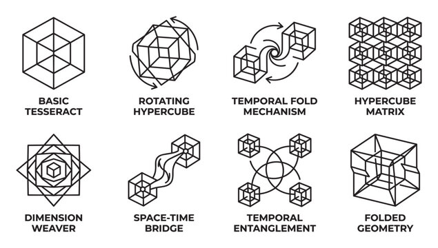 Geometric tesseract and hypercube shapes for dimensional and spacetime concepts.