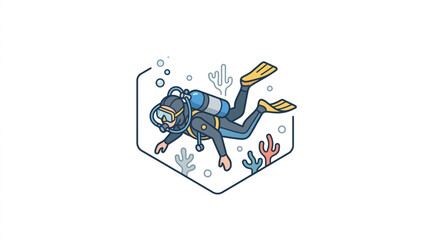 Illustrated scuba diver exploring underwater coral reef. © Slamet