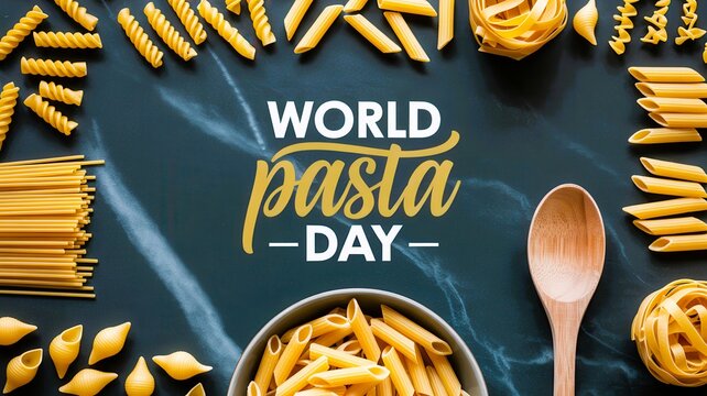 World Pasta Day celebrated with variety of pasta types and a wooden spoon on dark textured background