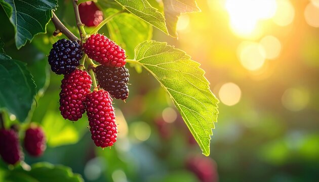 Branch of mulberry tree with ripe and unripe berries among lush green leaves, natural sunlight, macro outdoor photography, organic fruit farming concept
