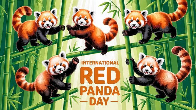 Five cute red pandas in a bamboo forest celebrating International Red Panda Day