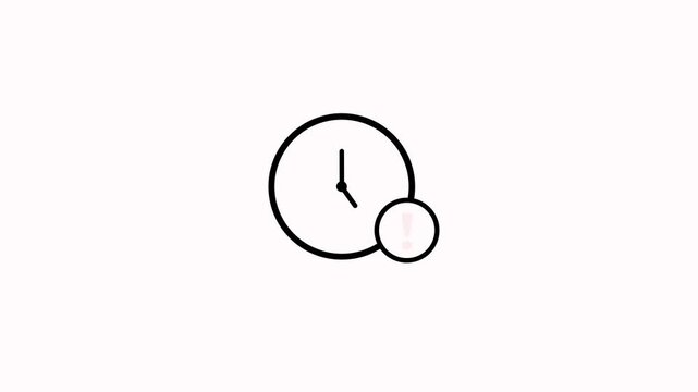 Clock icon animation with red warning exclamation mark on white background. Pulsing exclamation point clock with project deadline overdue warning alert and time pressure concept animation