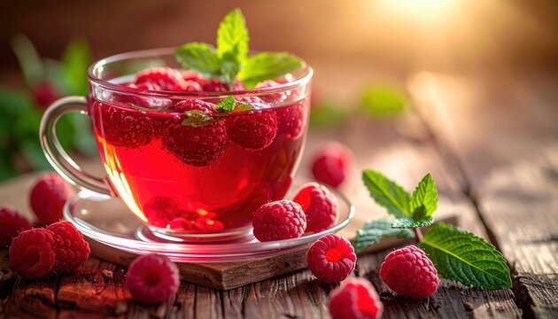 Fresh raspberry tea in transparent glass cup with ripe raspberries and mint leaves on rustic wooden table, cozy herbal drink, warm natural light