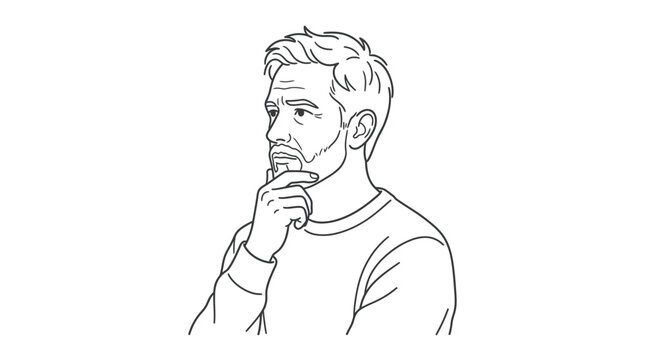 Mature man with a beard looking thoughtful while touching his chin in a simple drawing