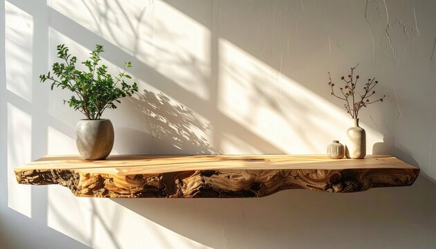oak floating shelf natural sunlight