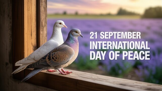 Two doves sitting on a wooden window sill with a lavender field for International Day of Peace