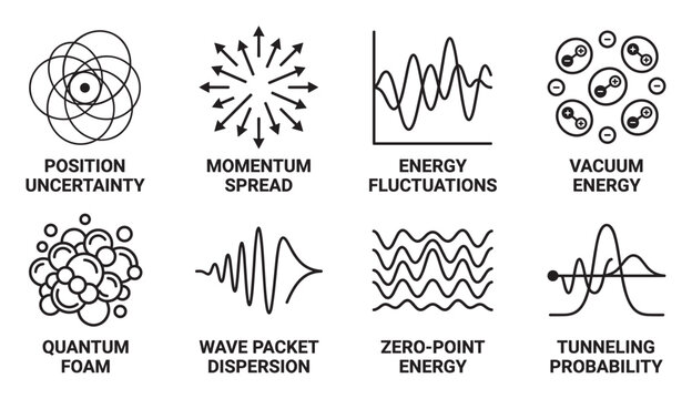 Quantum physics icons explaining concepts like position uncertainty and vacuum energy.