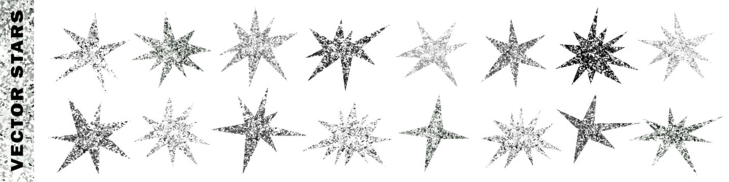 Silver glitter stars collection. Shimmer irregular star cut outs handmade of sparkling metallic paper Scrapbook and collage festive elements Vector isolated as png Stickers kit for Christmas, New year